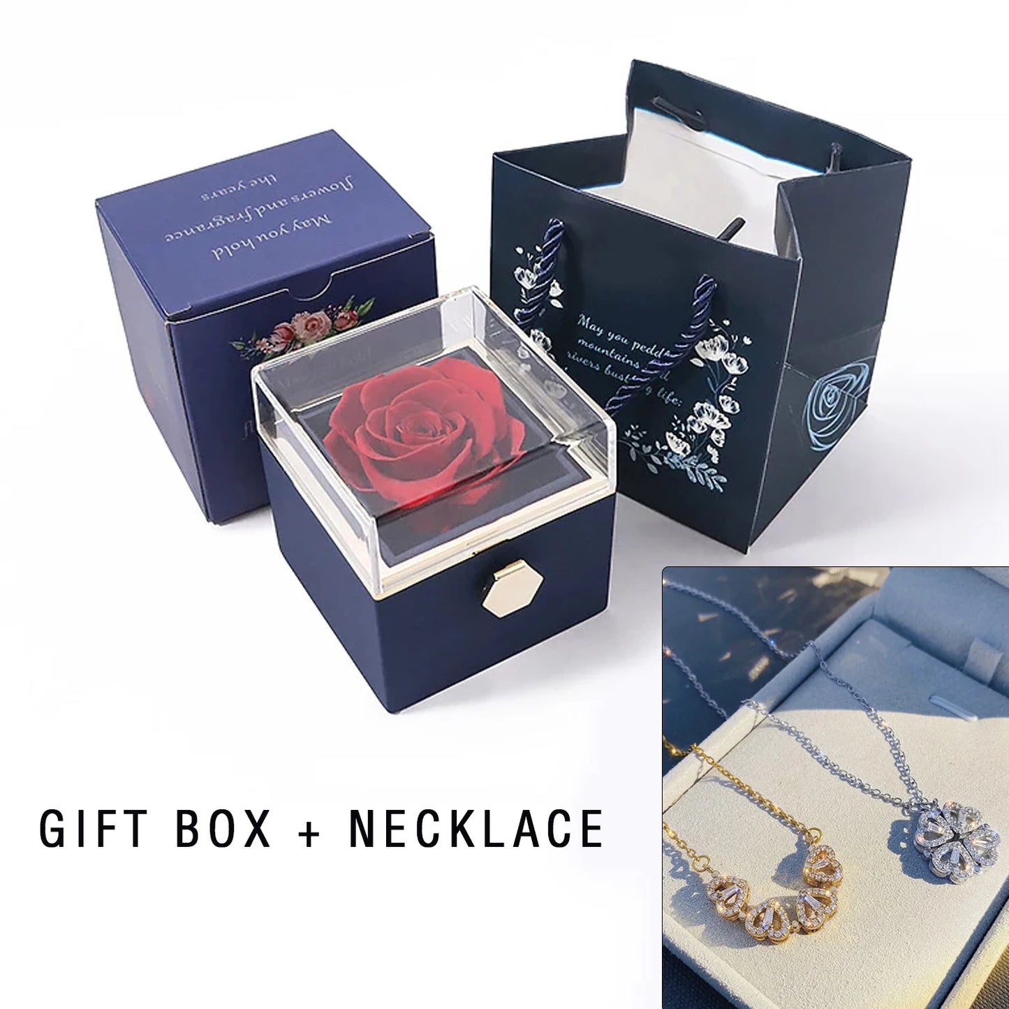 Rotating eternal rose box with necklace