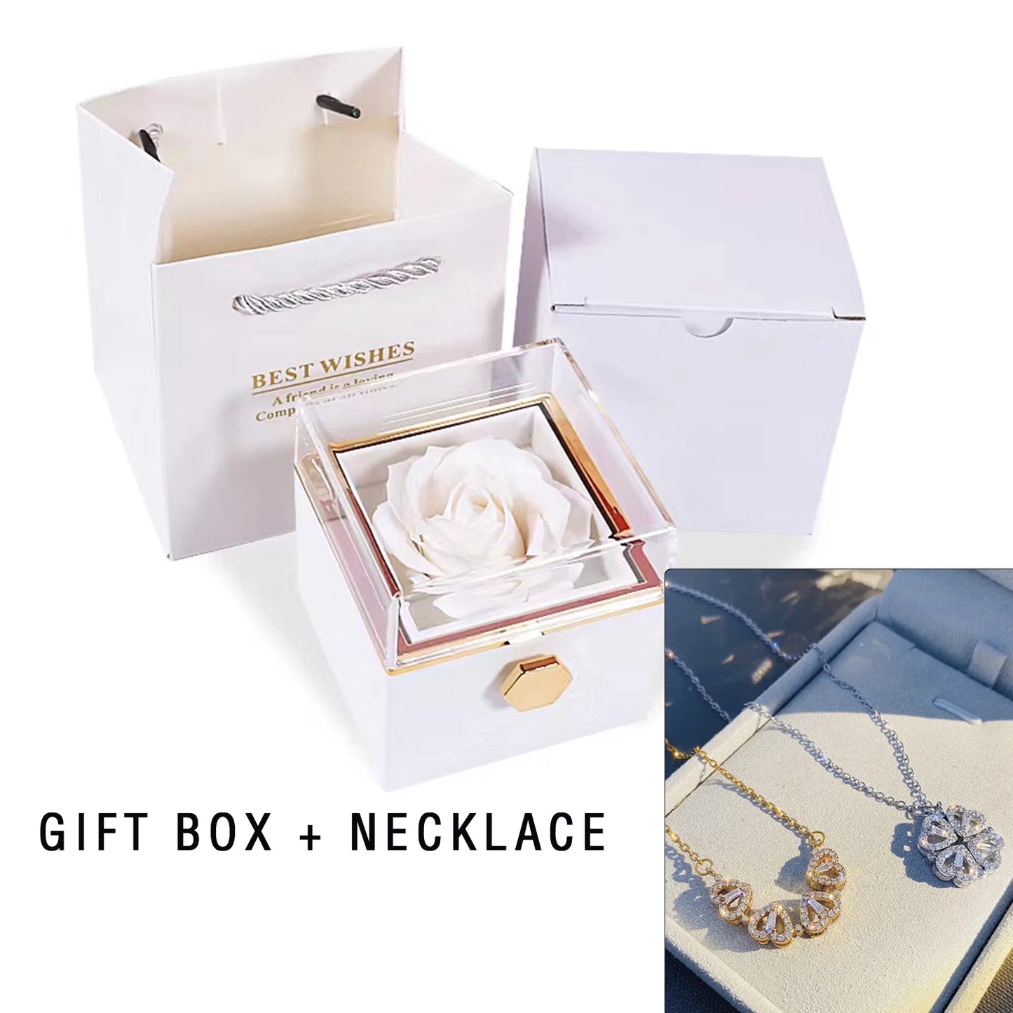 Rotating eternal rose box with necklace