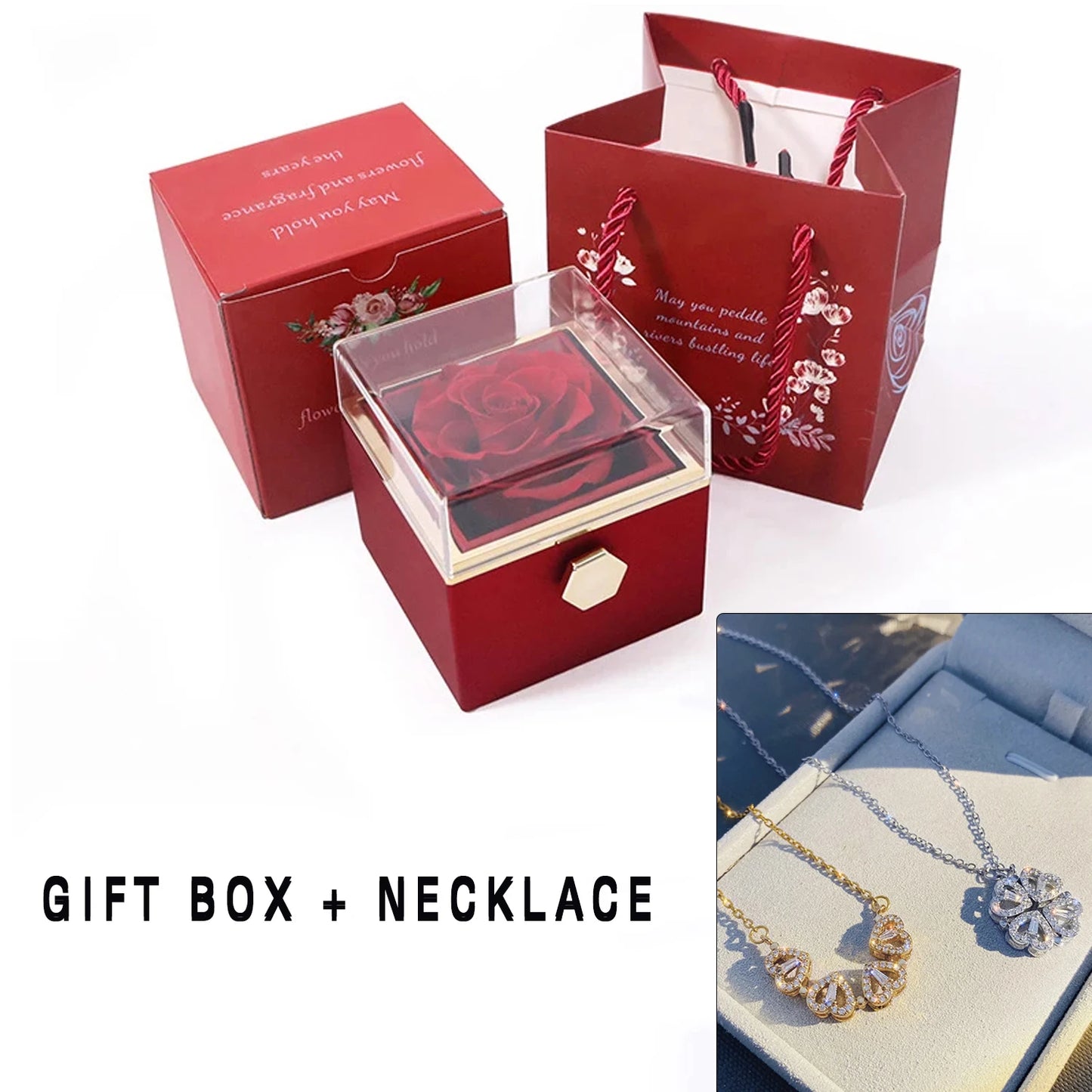 Rotating eternal rose box with necklace