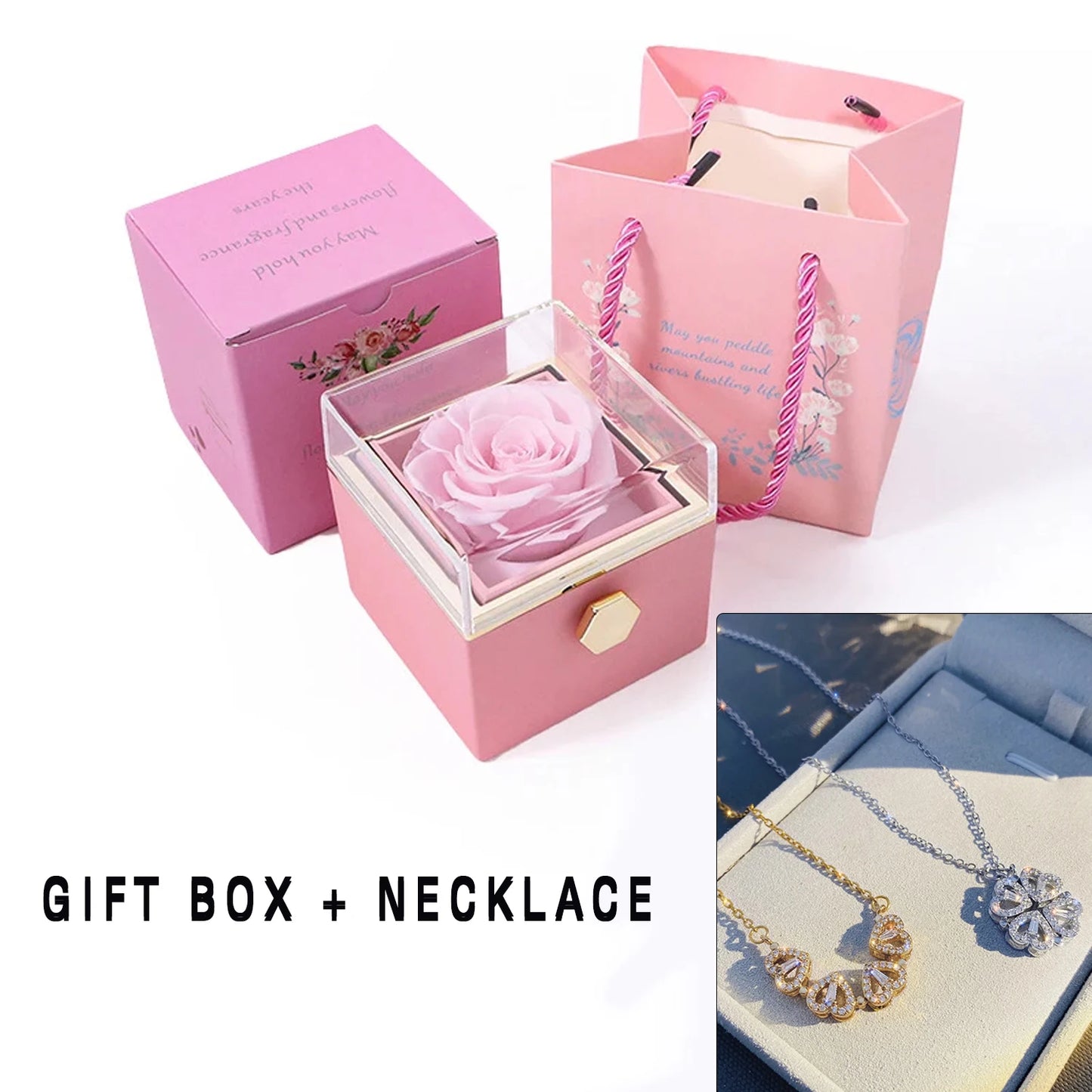 Rotating eternal rose box with necklace